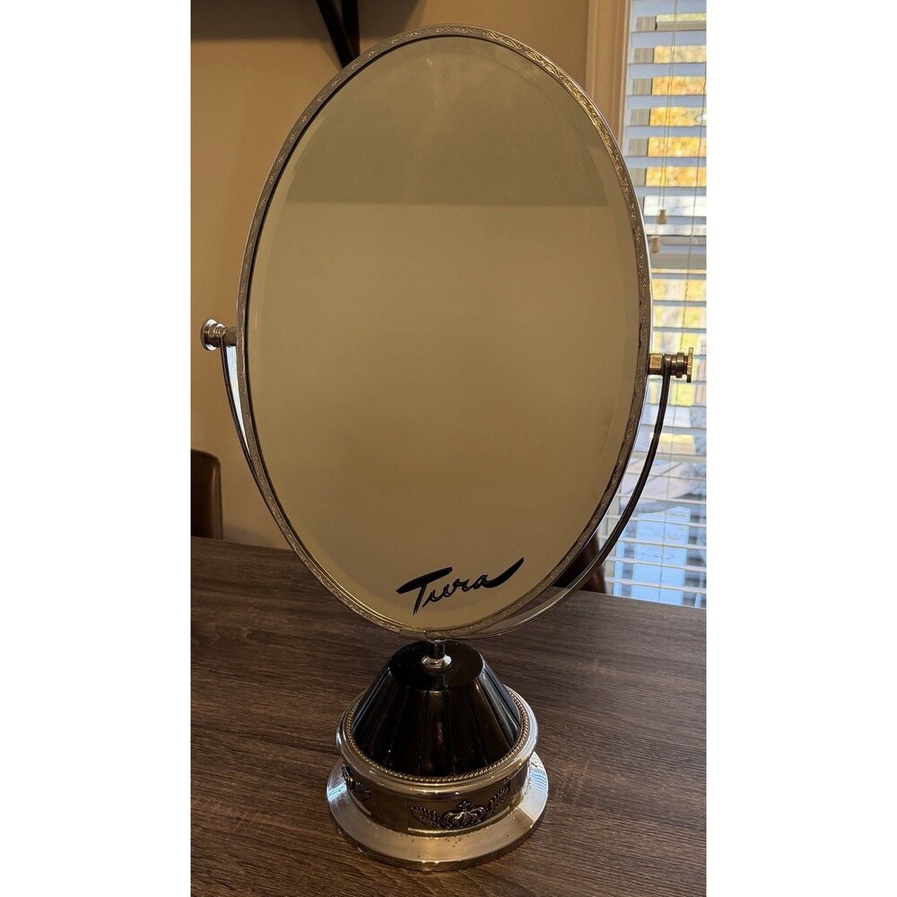 1950 Vintage TURA Pivotal Oversized Table Mirror Black Enamel Silver-Plated